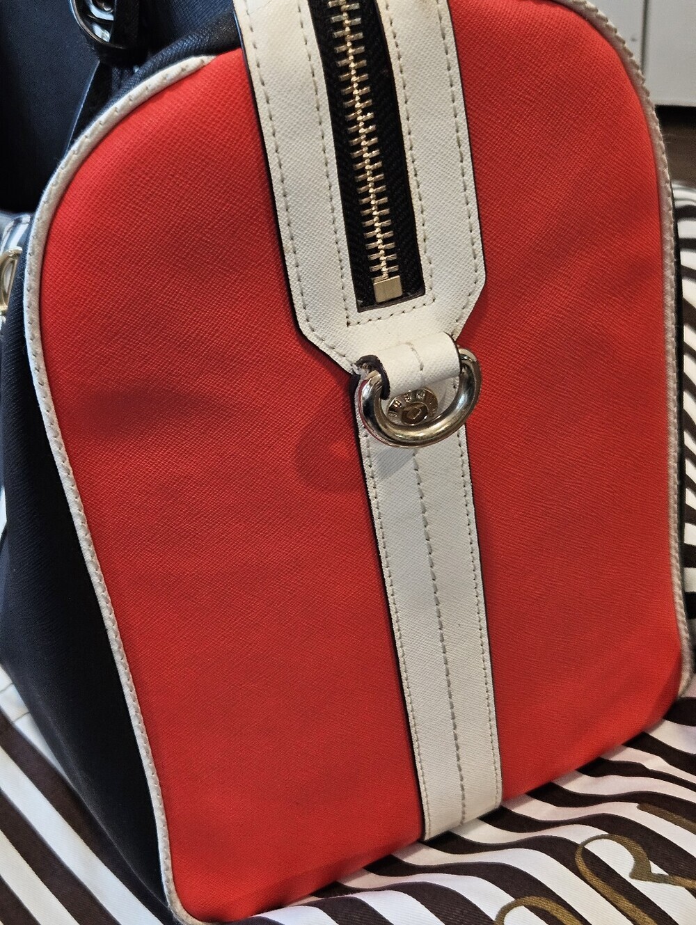 Henri Bendel Convertible Weekender Satchel Colorblock, Striped Strap, Lock & Key - Picture 7 of 15